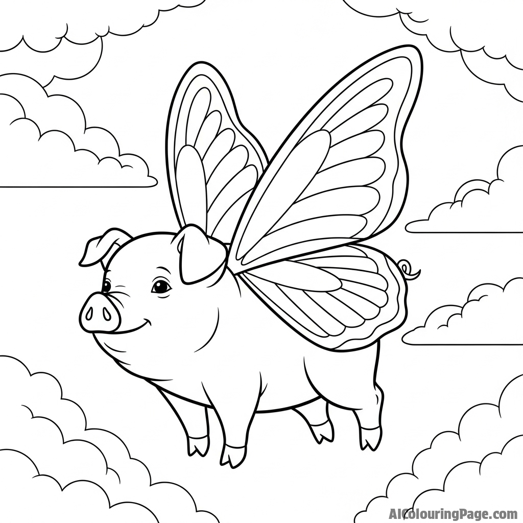 A surreal scene of a pig with butterfly wings, soaring through clouds.