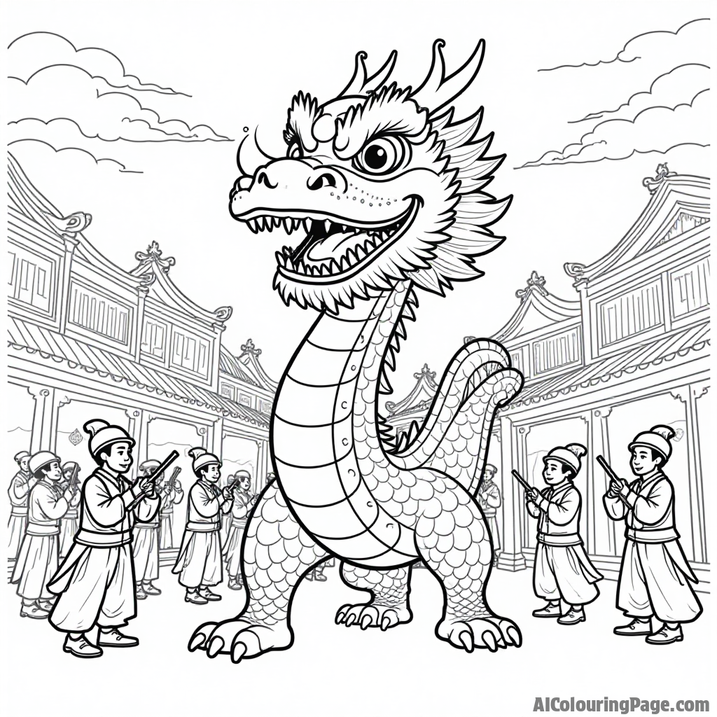 A traditional Chinese New Year parade featuring a large dragon puppet, musicians playing traditional instruments, and dancers in colorful costumes, creating a lively atmosphere for children to enjoy coloring.