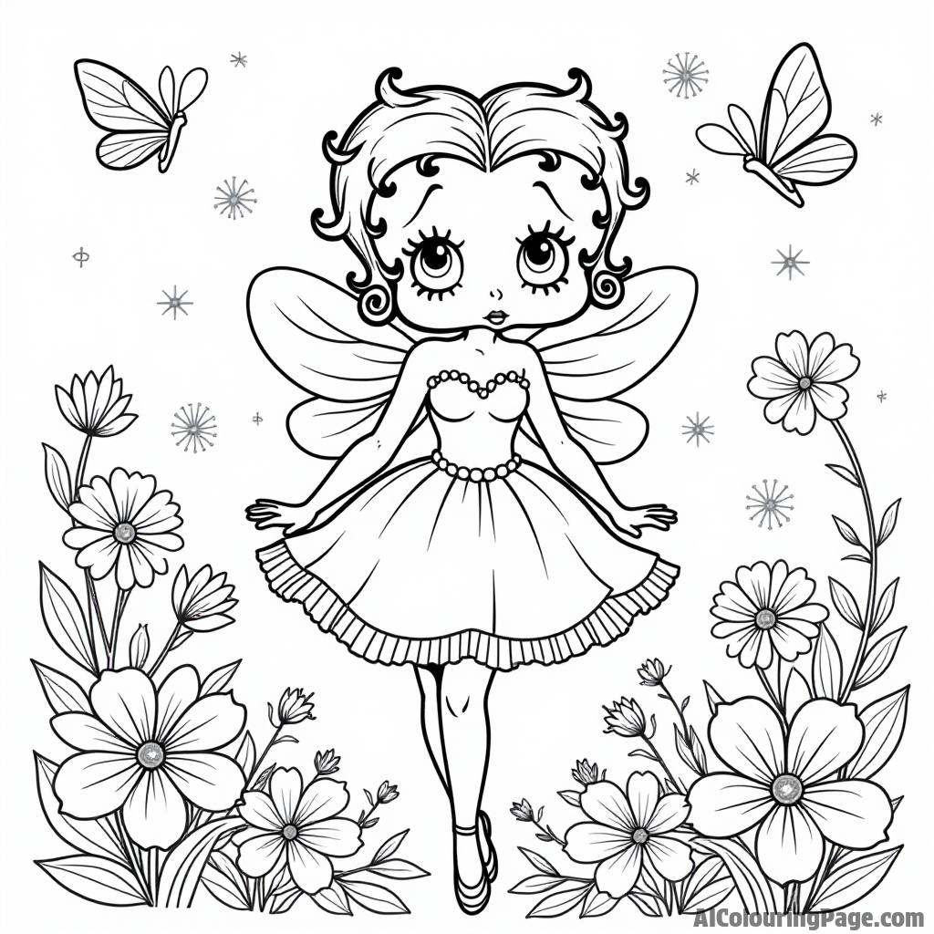 Betty Boop dressed as a fairy surrounded by sparkling butterflies and blooming flowers in a magical garden