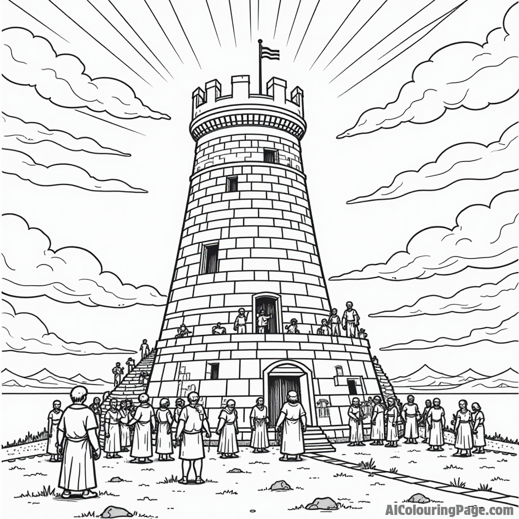 An illustrated scene of the Tower of Babel being built, with people working together, and a bright sky above.