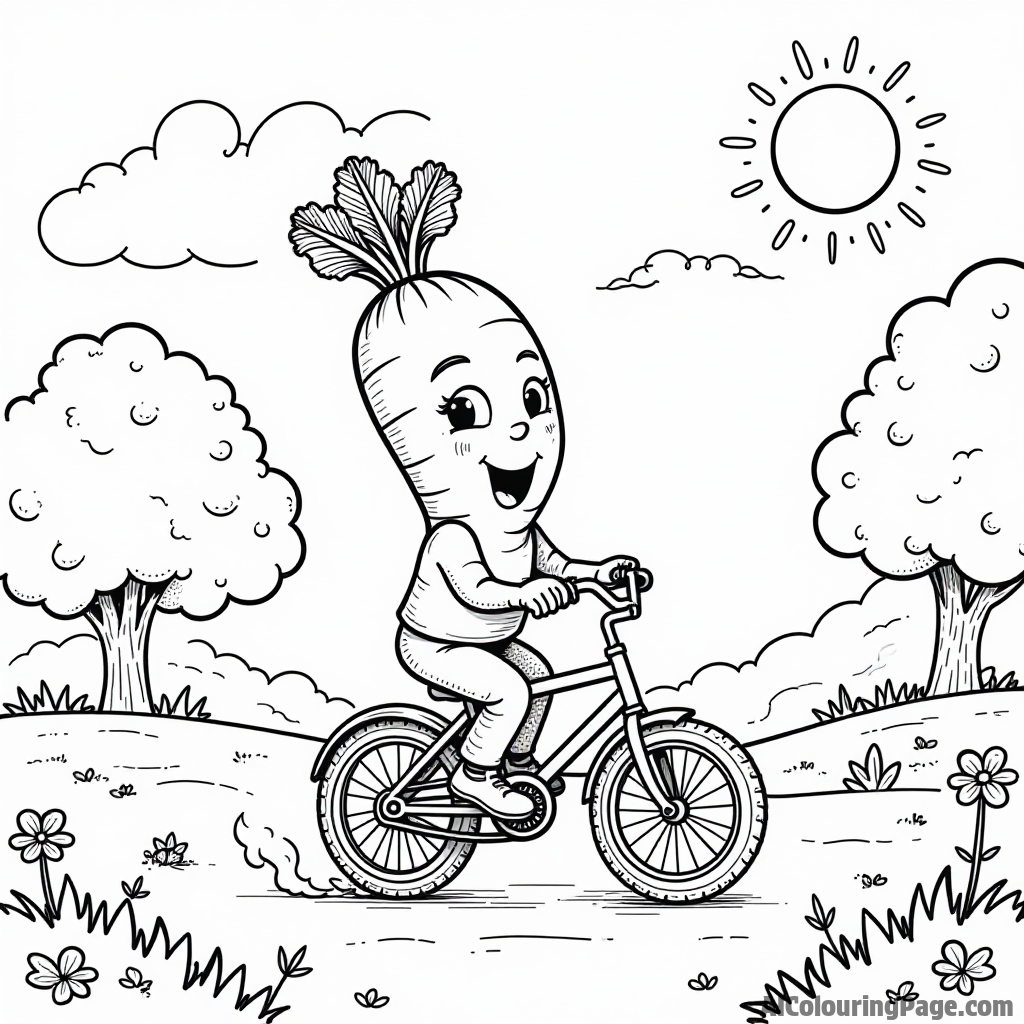 A cheerful carrot riding a bicycle through a park with friends, with trees, flowers, and a bright sun shining down.