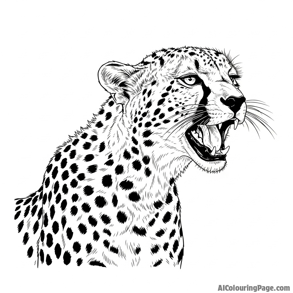 A cheetah vocalizing, its mouth open mid-chirp or mid-hiss.