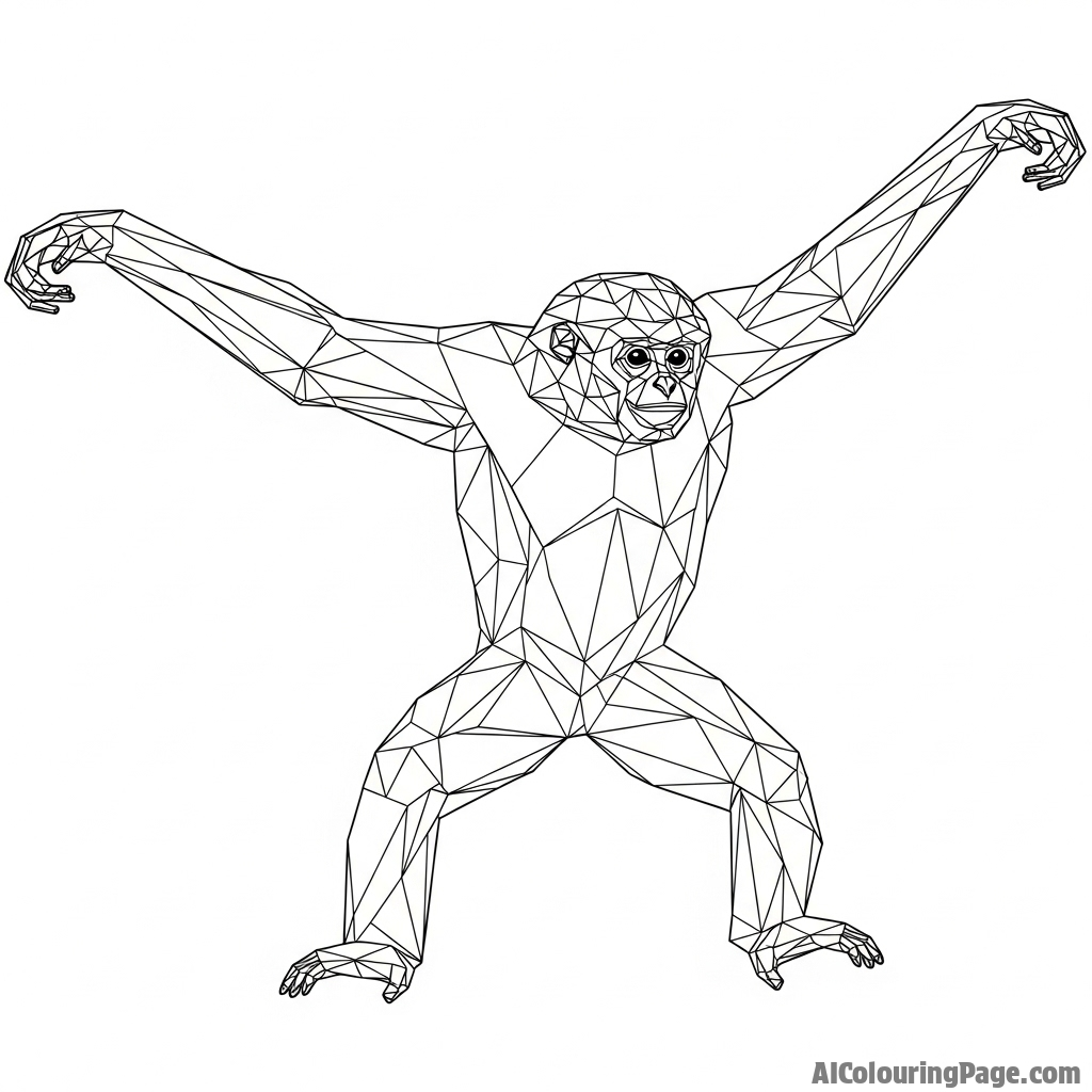 A low-poly digital art representation of a gibbon in motion.