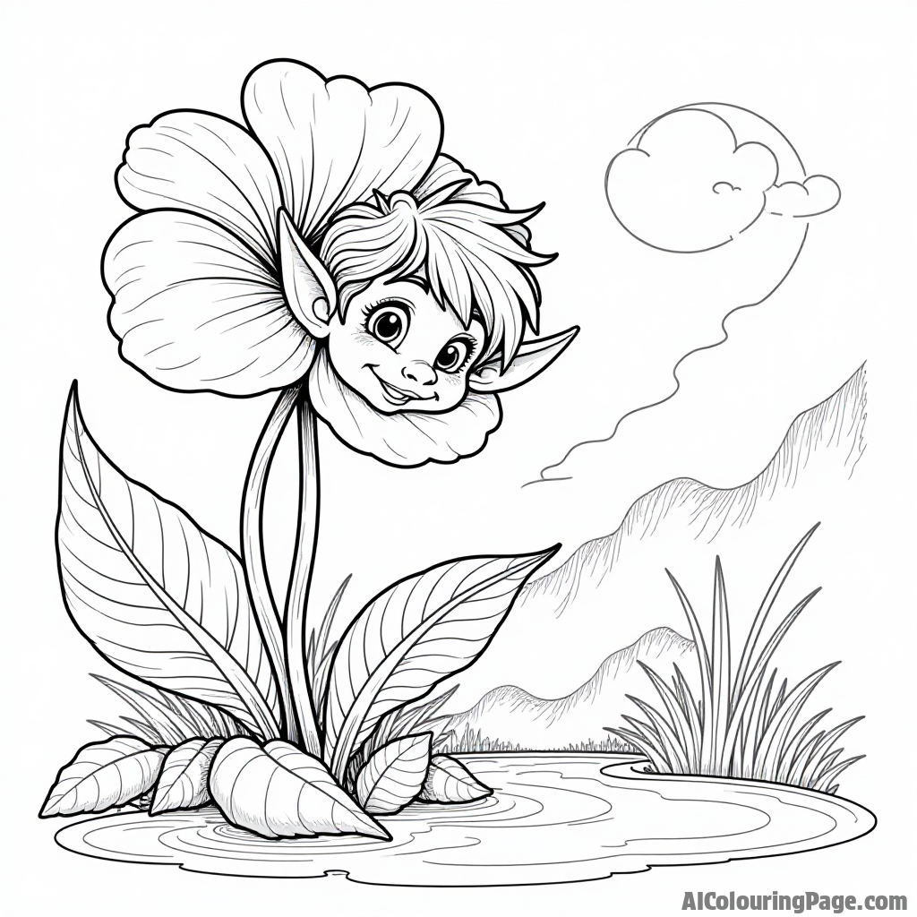 A mischievous elf peeking out from behind a giant flower, with oversized leaves and a sparkling river nearby, an inviting scene for children to enjoy coloring in fantasy style.