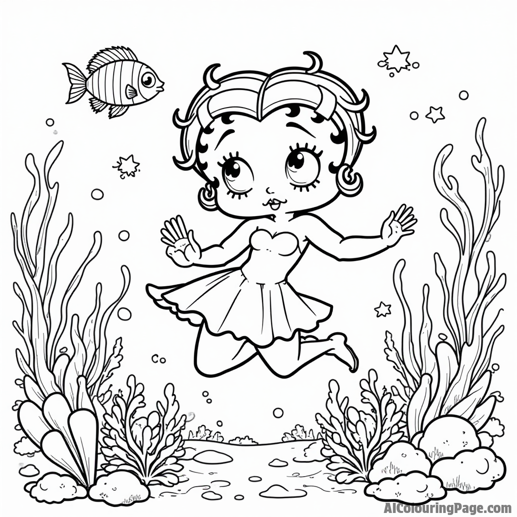 Betty Boop exploring an underwater world with colorful fish and coral reefs while wearing a cute snorkel mask