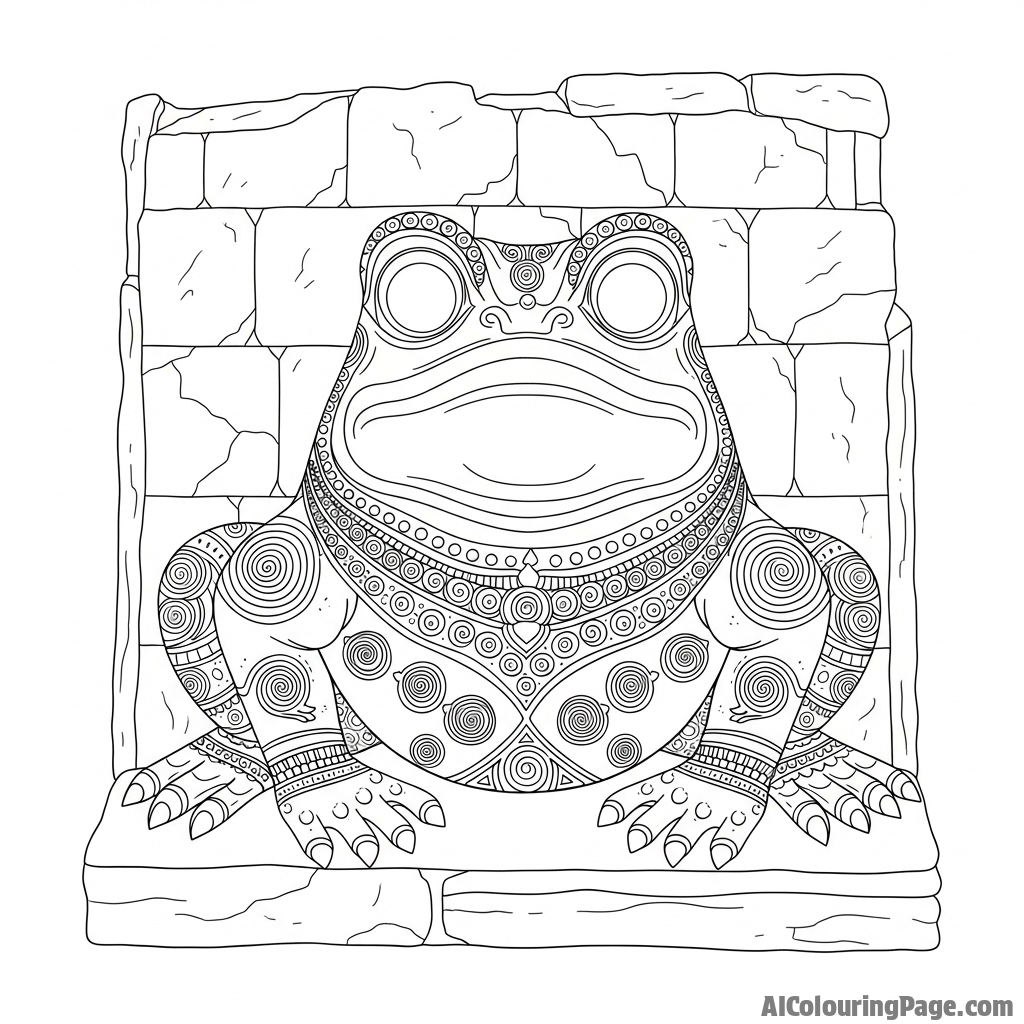 A stone carving of a frog deity on an ancient temple wall.