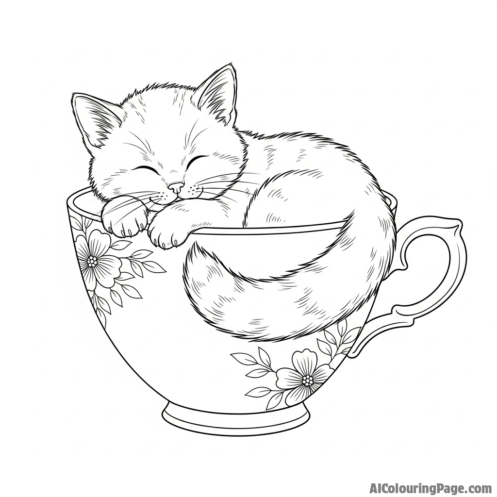 A sleepy kitten curled up in a large teacup.