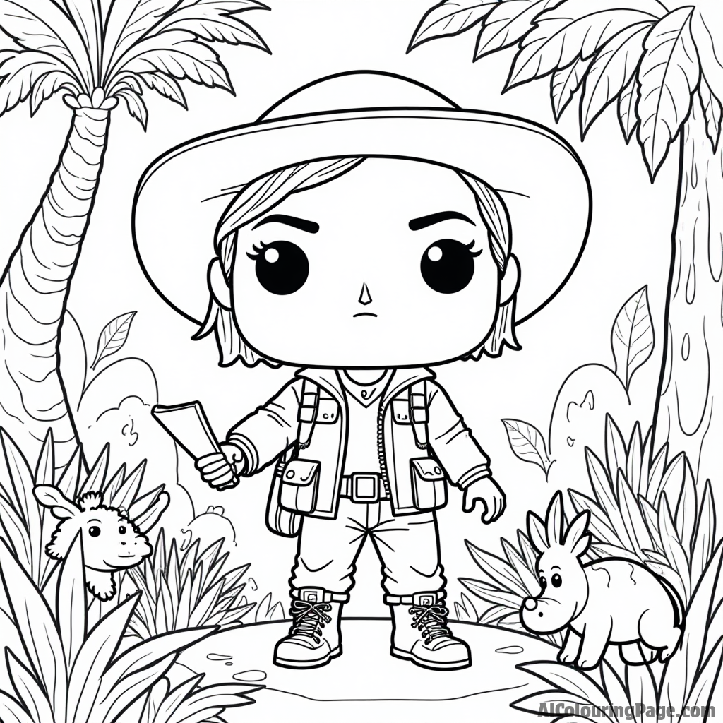 A Funko Pop style explorer trekking through a jungle, with a map in hand and exotic animals around, presenting an adventurous scene for children to unleash their creativity while coloring.