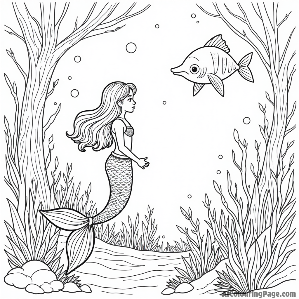 A young mermaid exploring a magical kelp forest, where glowing sea creatures and hidden treasures await her discovery.