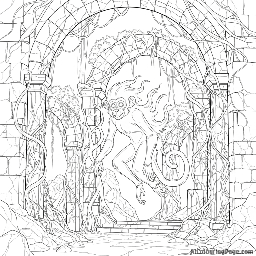 A ghostly, translucent monkey spirit haunting ancient, vine-covered ruins.