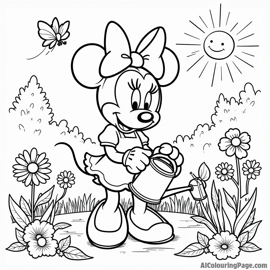 Minnie Mouse gardening with colorful flowers, watering can, and butterflies fluttering around her in a sunny backyard