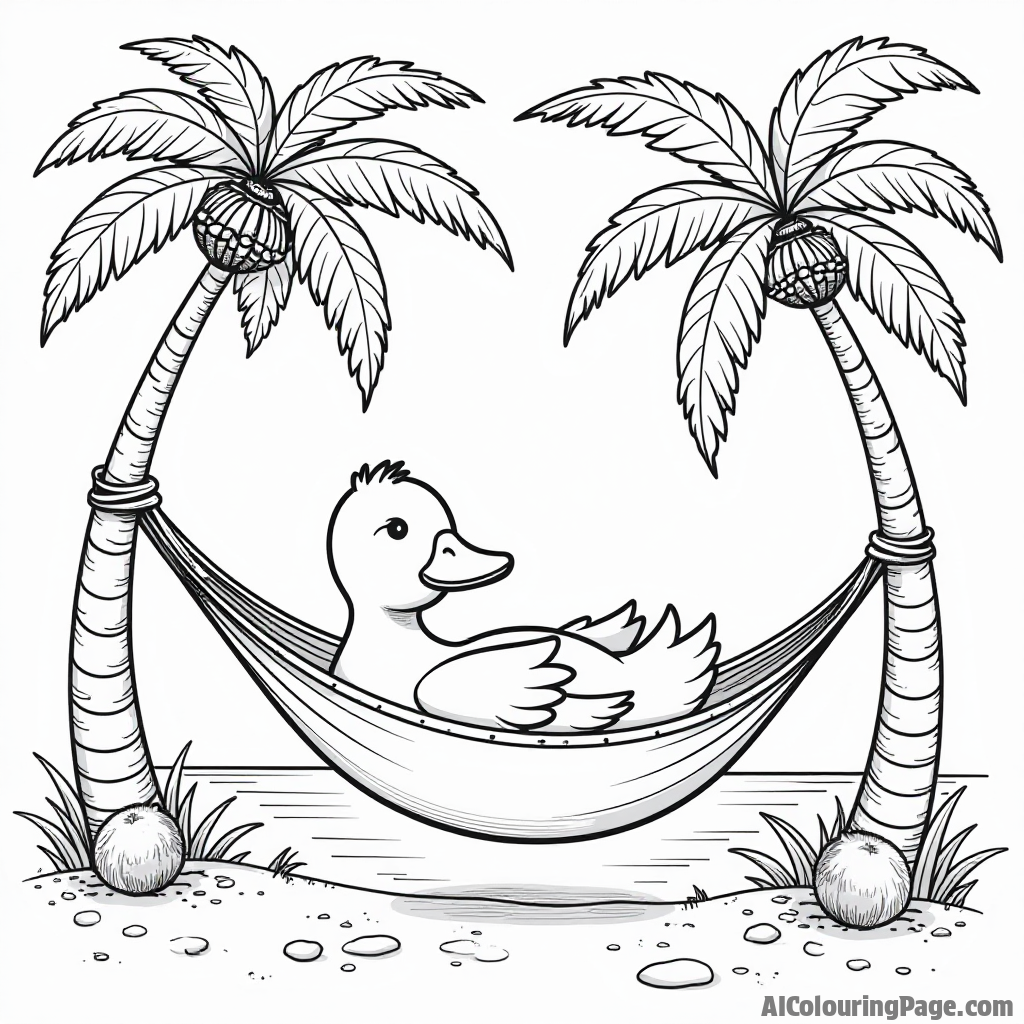 A duck relaxing in a hammock between two palm trees on a tropical beach with coconuts overhead.