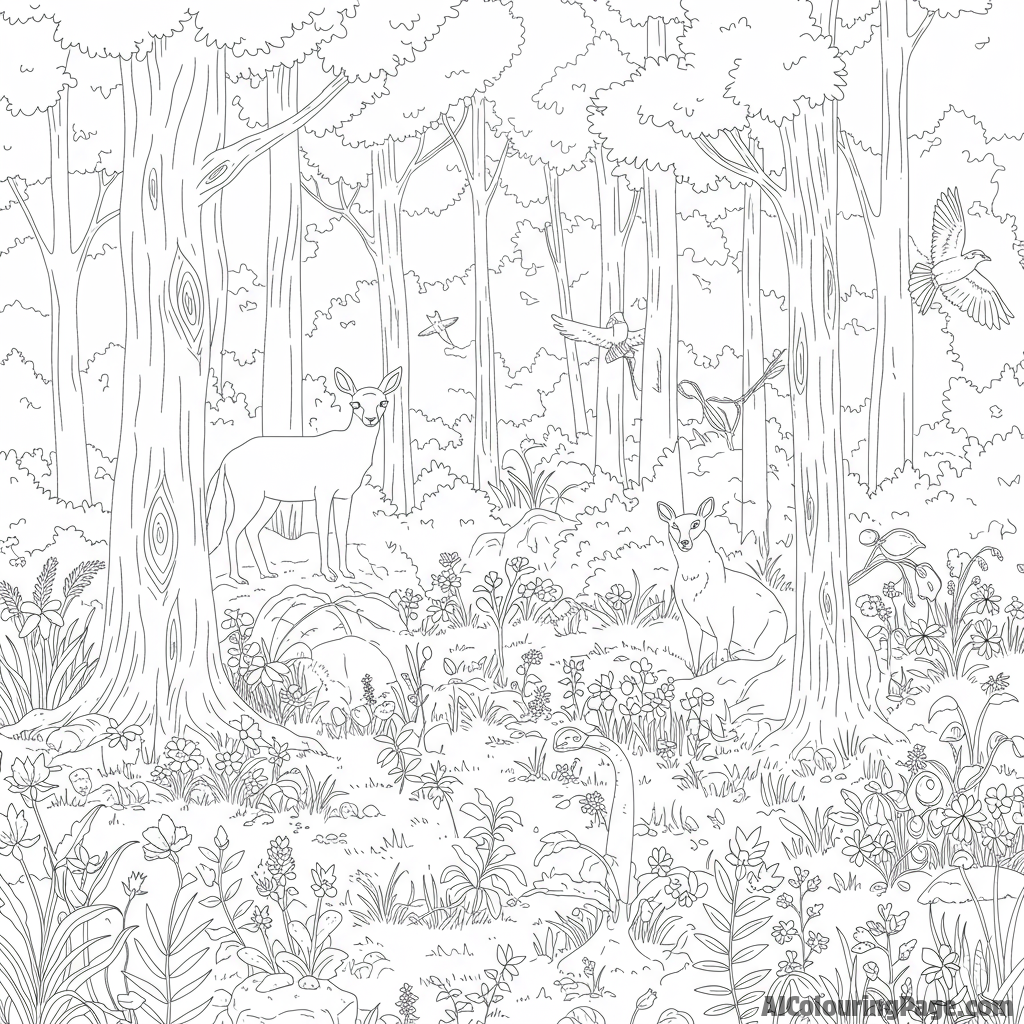 A lush forest scene, teeming with wildlife and growth.