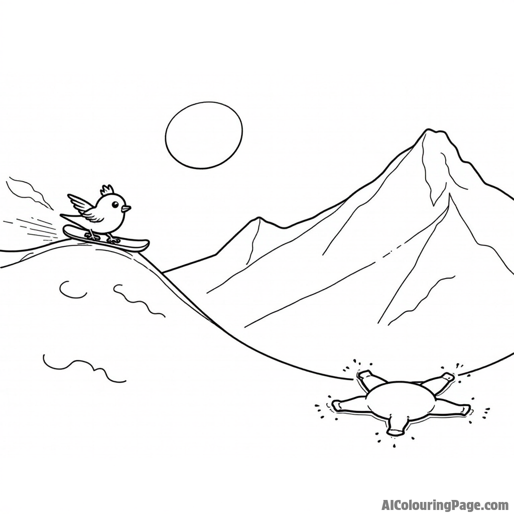 A bird snowboarding down a mountain slope while a pig makes a snow angel at the bottom of the hill