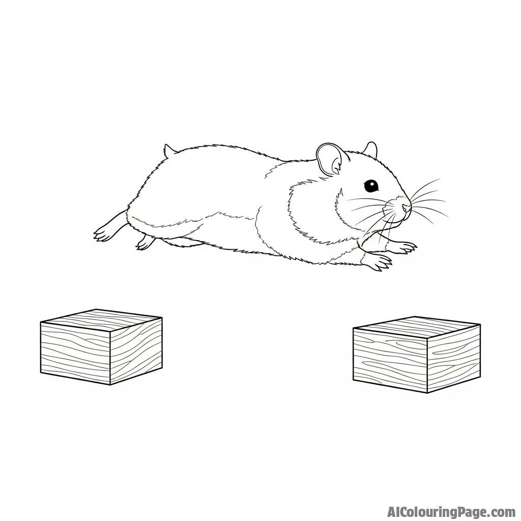 An action shot of a hamster leaping between two wooden blocks
