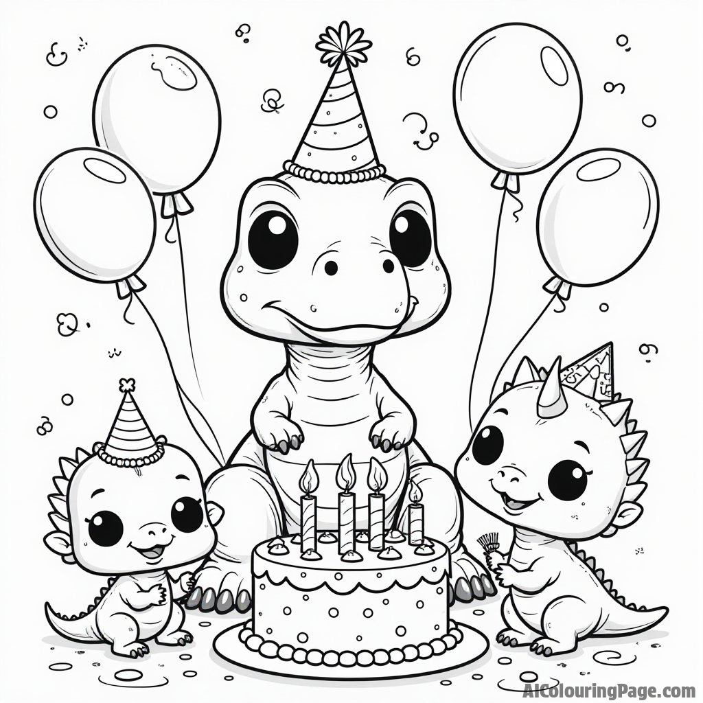 A Funko Pop style dinosaur wearing a party hat, surrounded by balloons and a birthday cake, celebrating with friends in a festive scene perfect for kids to color and enjoy.