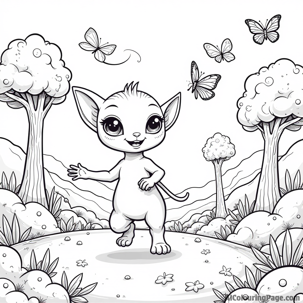 A playful alien pet chasing butterflies on a vibrant alien world with unusual trees, a fun scene for kids.