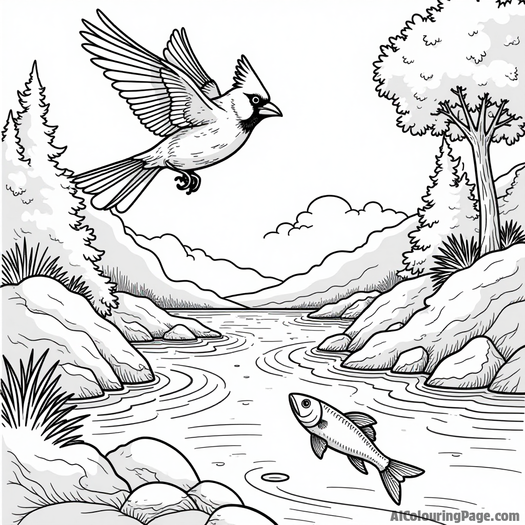 A cardinal flying over a sparkling river with fish jumping, surrounded by trees and rocks for an adventurous coloring scene.