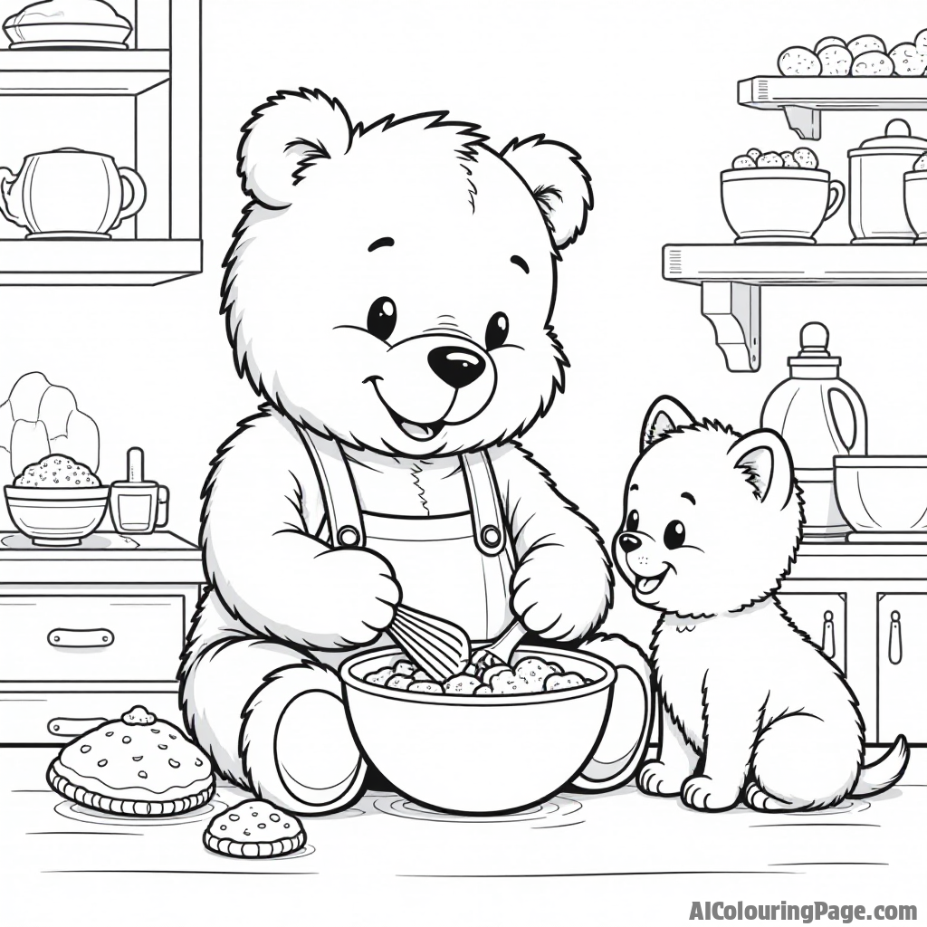 A teddy bear baking cookies in a cozy kitchen, with a mixing bowl and a playful kitten, inspiring kids to color this delightful cooking adventure.