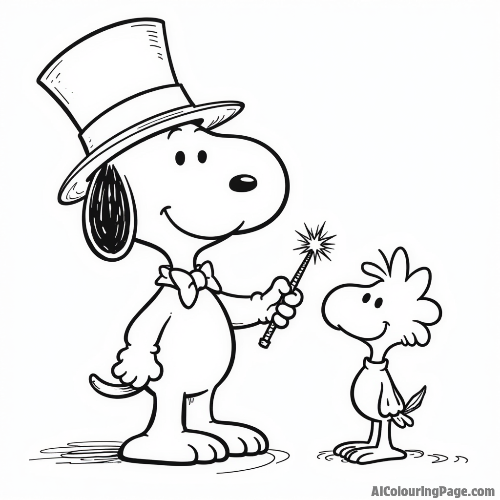 Snoopy dressing up as a magician with a top hat and wand while performing tricks for Woodstock and friends