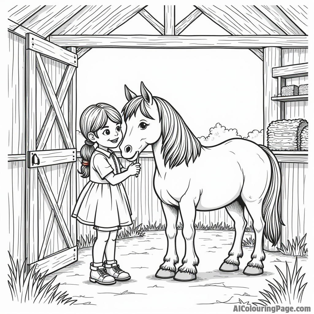 A young girl brushing her pony in a cozy barn filled with hay bales and colorful horse accessories.