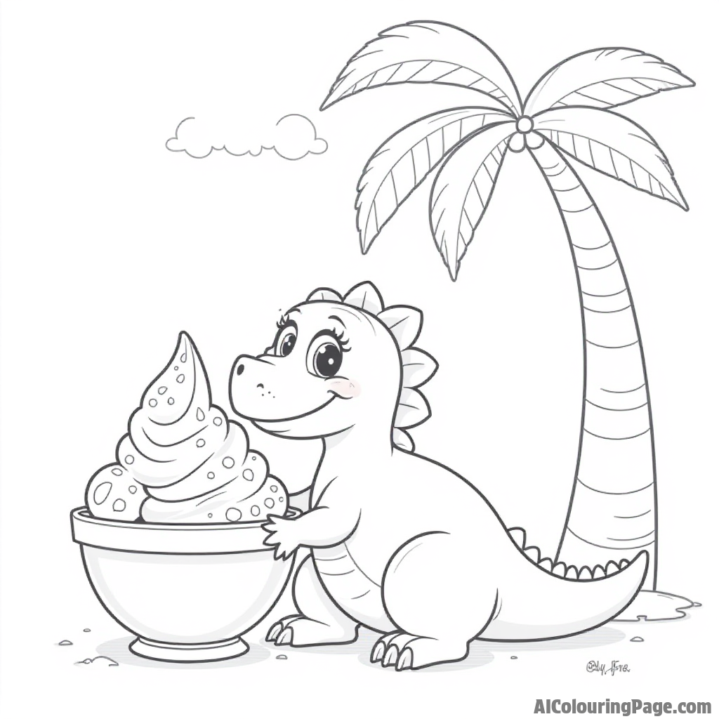 A friendly dinosaur enjoying a big bowl of ice cream while sitting under a palm tree