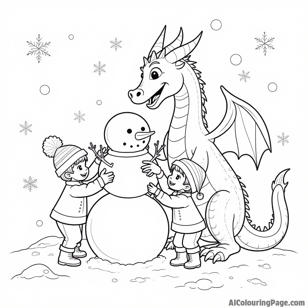 A dragon helping build a snowman with children in a winter wonderland filled with snowflakes.