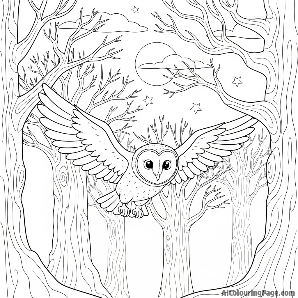 A barn owl in silent flight through a dark, moonlit forest