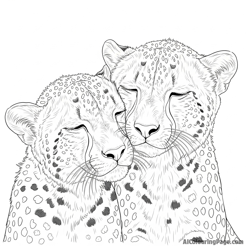 An intimate portrait of two cheetah siblings nuzzling each other affectionately.