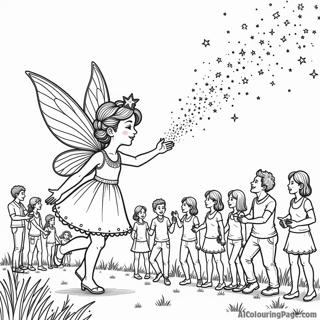 A whimsical scene with a fairy wearing a starry crown, sprinkling glitter over a community gathering celebrating the 4th of July with music and dance.