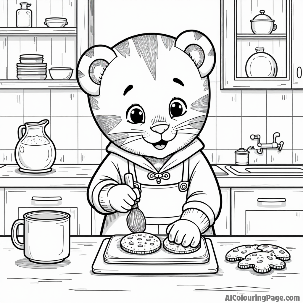 Daniel Tiger baking cookies in a cozy kitchen with flour, cookie cutters, and delicious treats cooling on the counter.