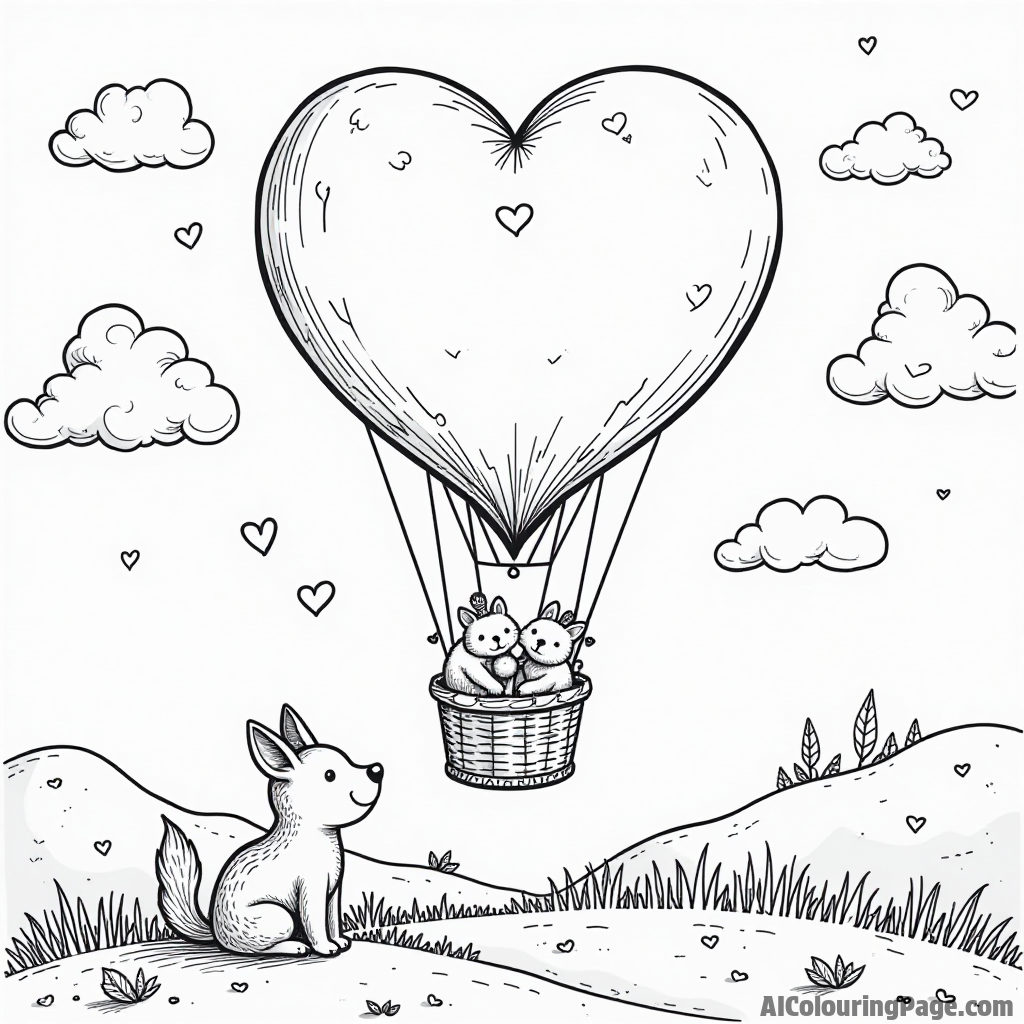 A whimsical hot air balloon shaped like a heart floating in the sky with cute animals enjoying the view for Valentine’s Day