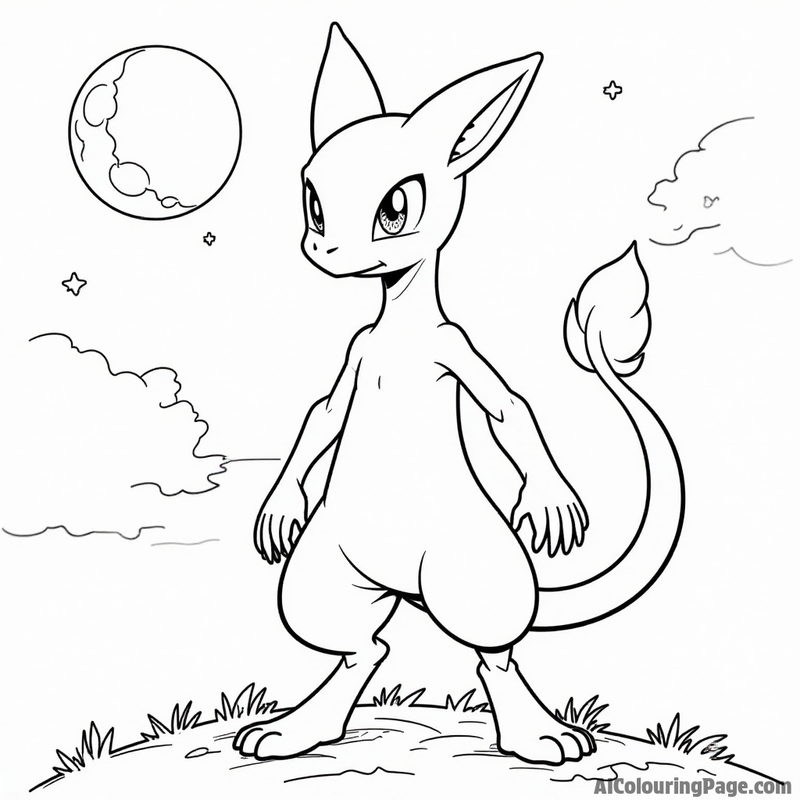 Mewtwo standing tall against a moonlit sky