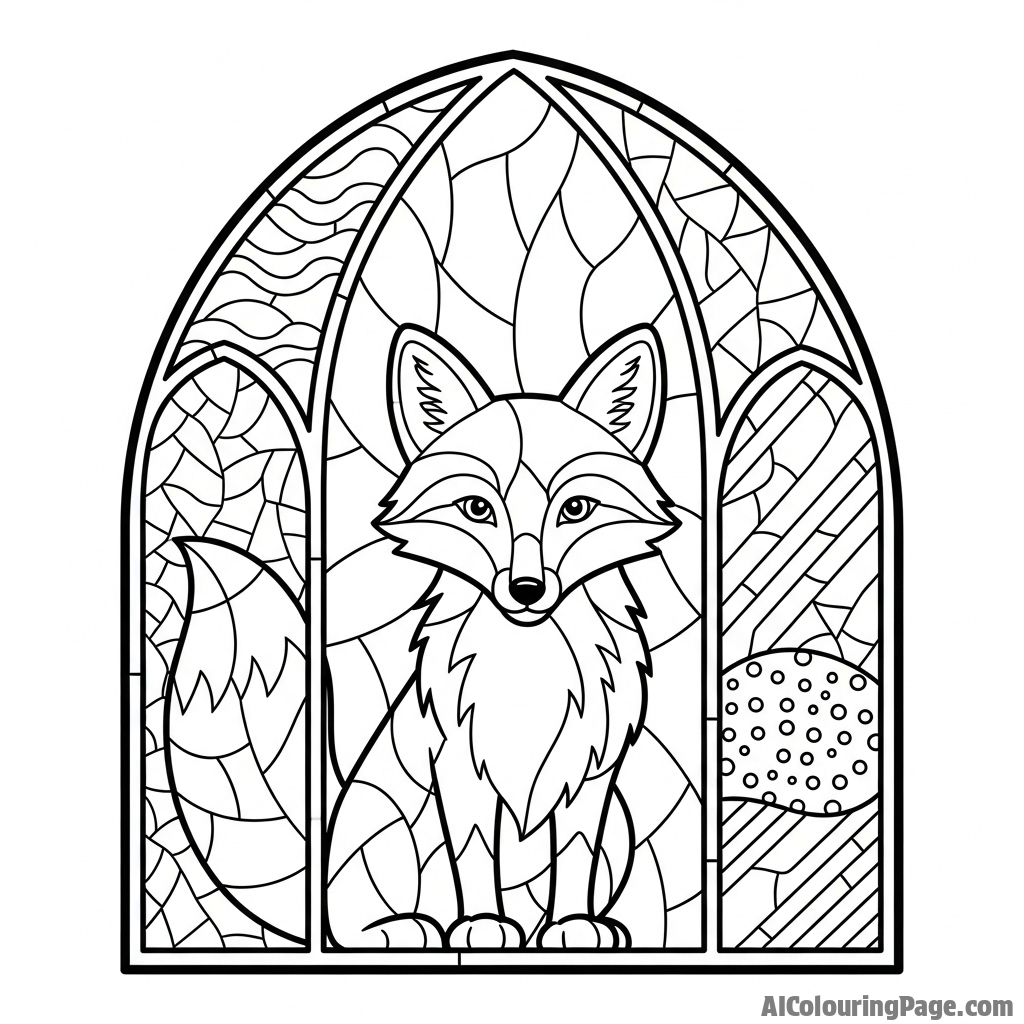 A fox depicted in a stained-glass window, with bold outlines and varied glass textures.