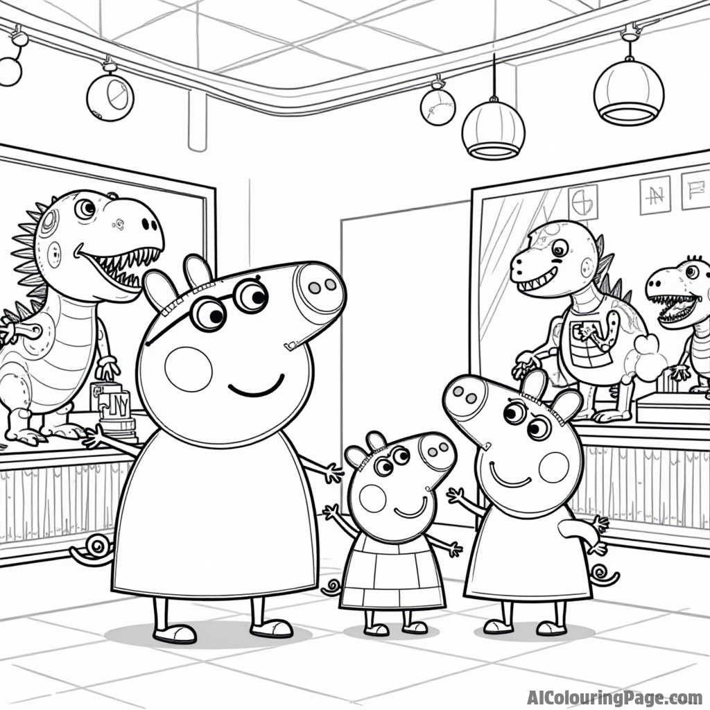 Peppa Pig and her family visiting a science museum, exploring exhibits with robots, dinosaurs, and fun educational activities.