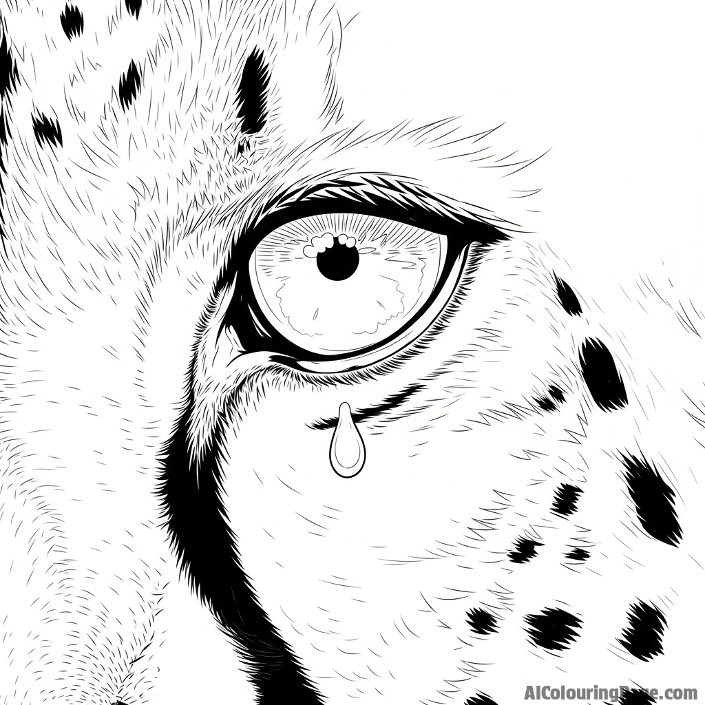An extreme close-up of a cheetah's eye, detailing its distinctive tear-streak marking.