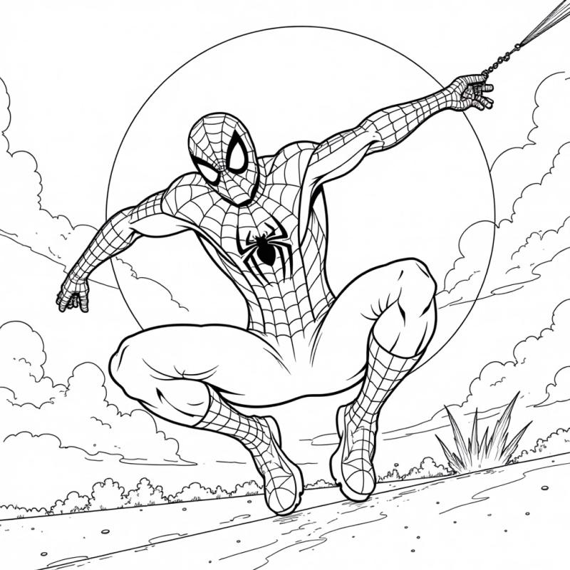 Spiderman swinging in front of sunset coloring page