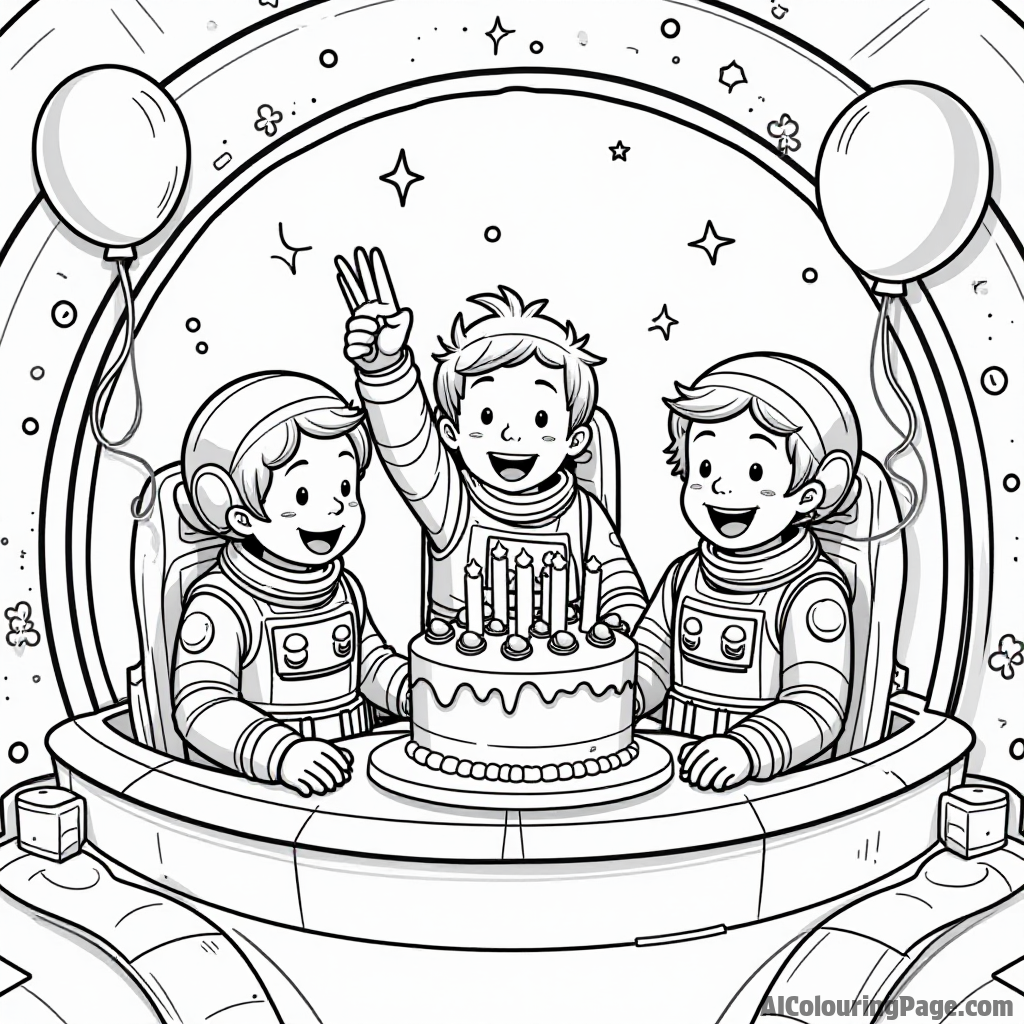 A spaceship crew celebrating a victory with a cake, surrounded by balloons and decorations in their colorful spaceship.