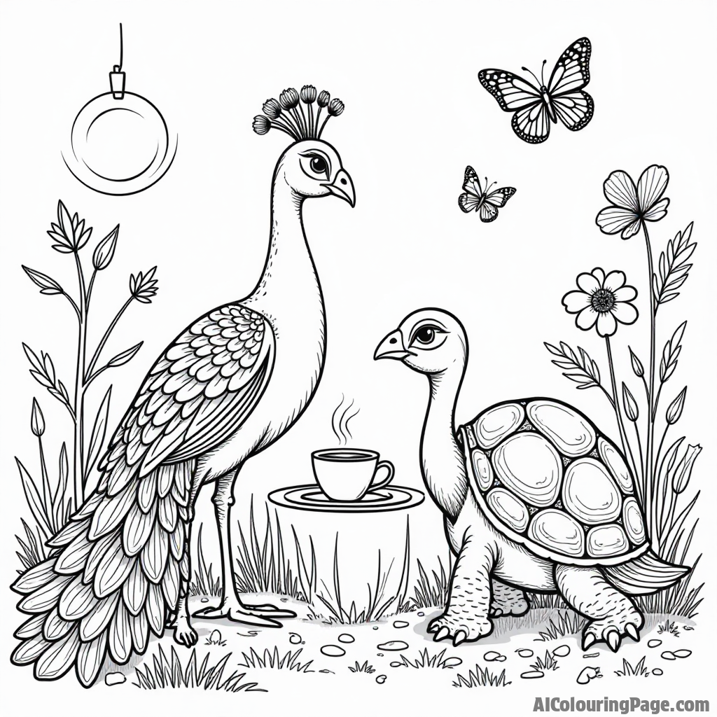 A peacock and a turtle having a tea party in a sunny garden, surrounded by butterflies and blooming flowers