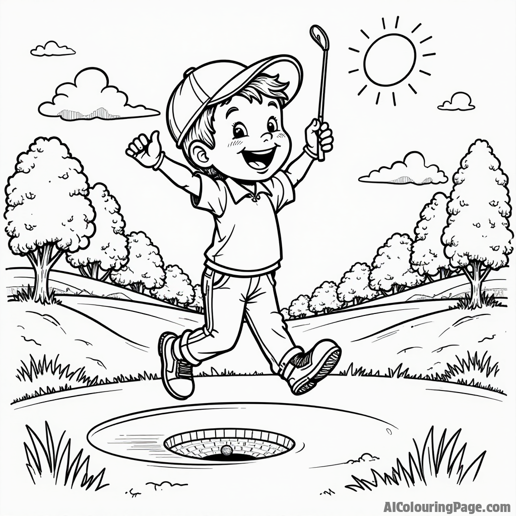 A cartoon golfer celebrating a hole-in-one, jumping with joy as the ball goes into the hole, with colorful trees and a bright sky surrounding the scene for coloring.