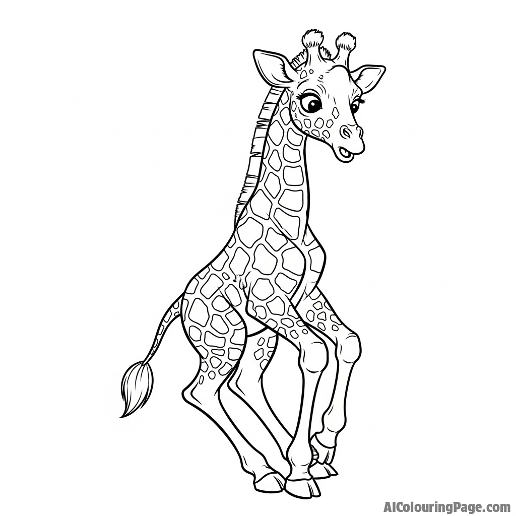 A playful baby giraffe tripping clumsily over its own long legs.