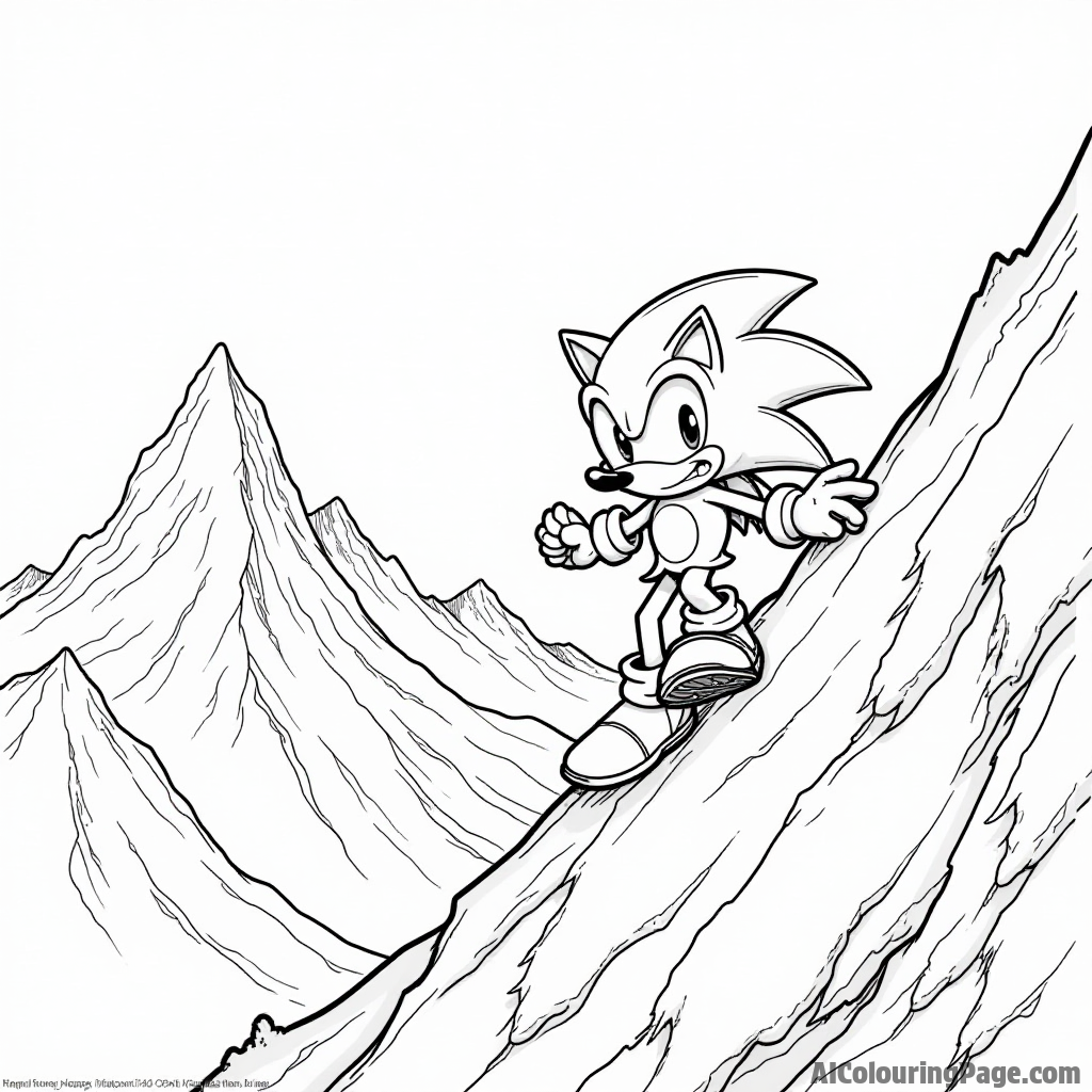 Sonic climbing a steep mountain, with snow-capped peaks in the distance and a determined look on his face.