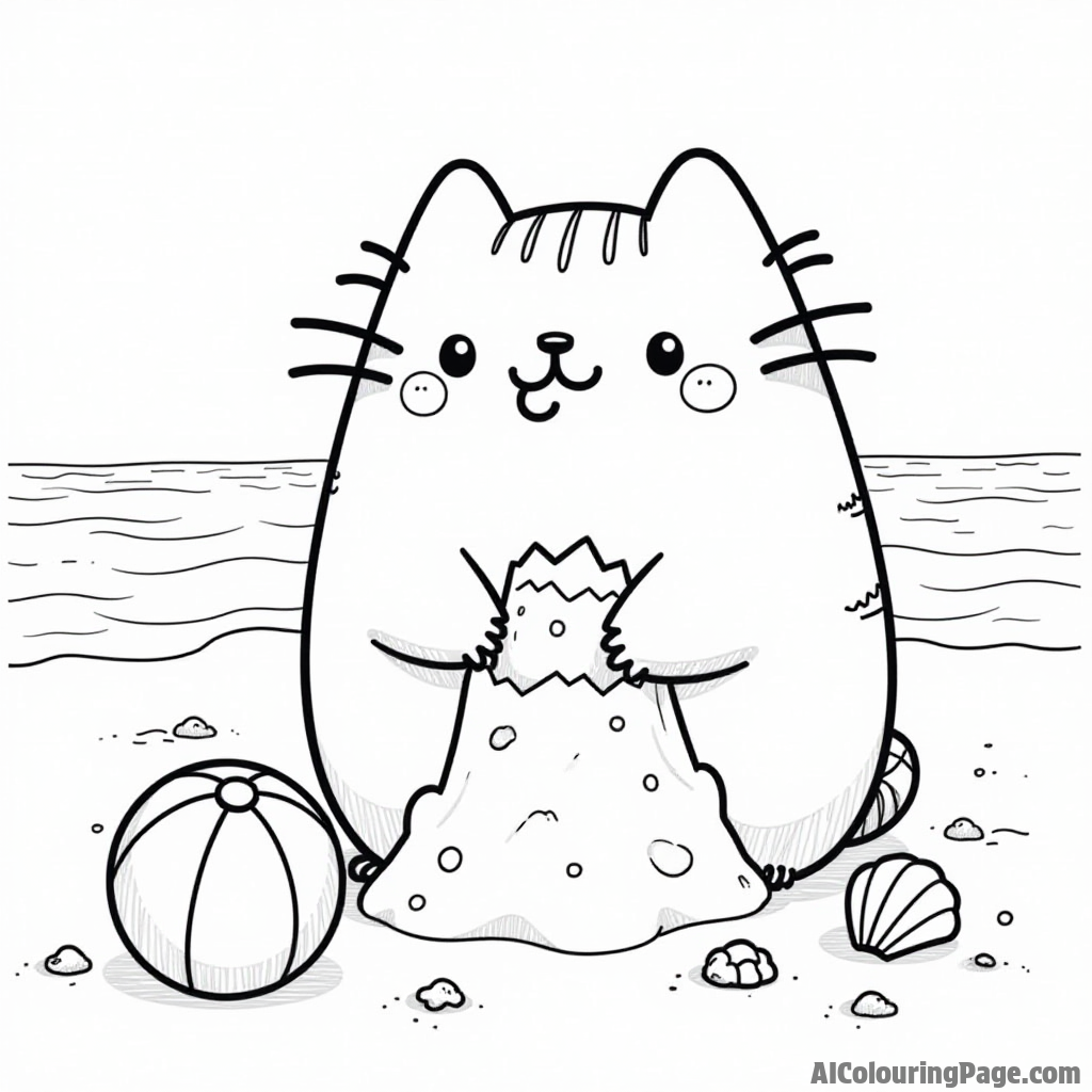 Pusheen enjoying a day at the beach building a sandcastle with a beach ball and seashells around it