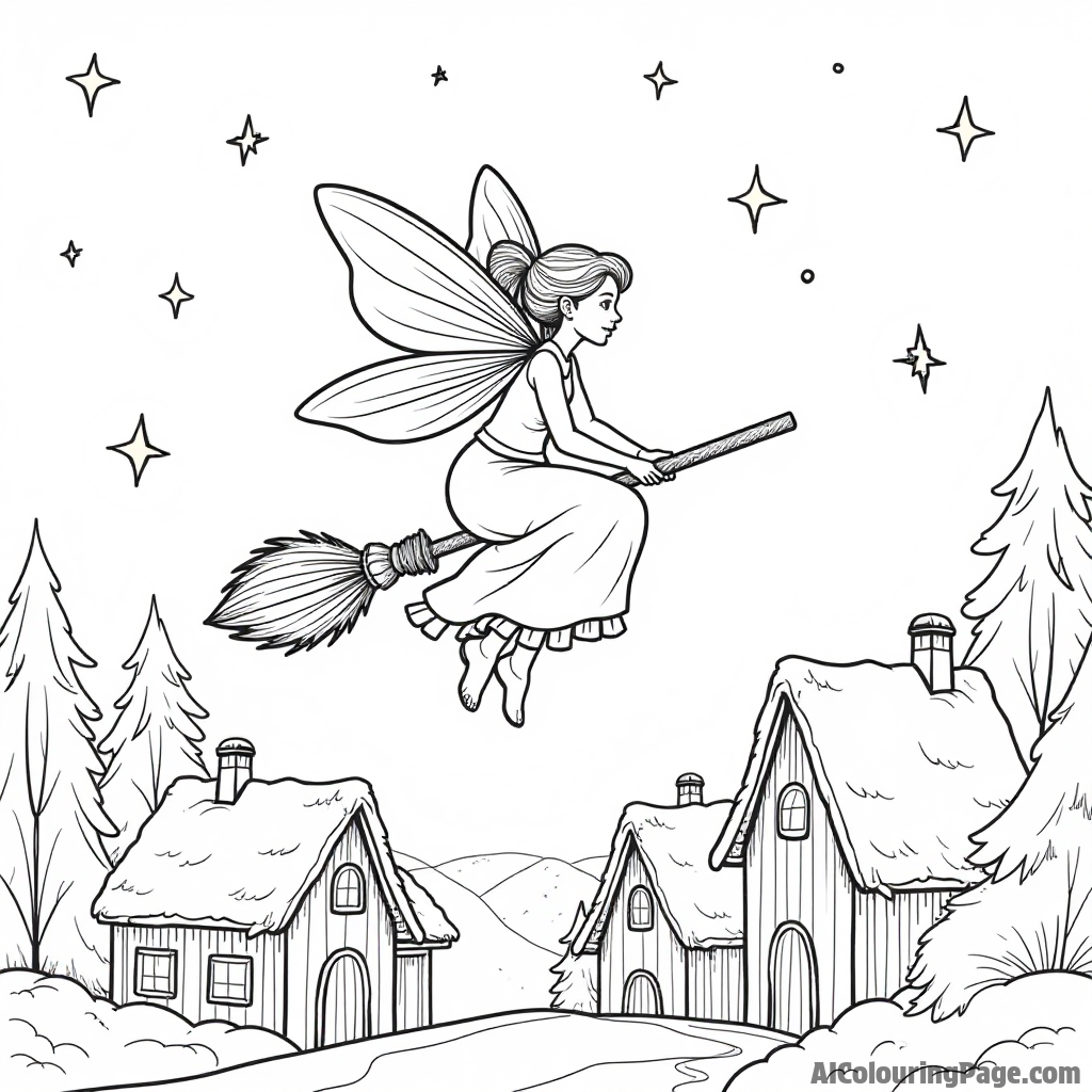 A fairy riding a broomstick over a village during a festive celebration under a starlit sky