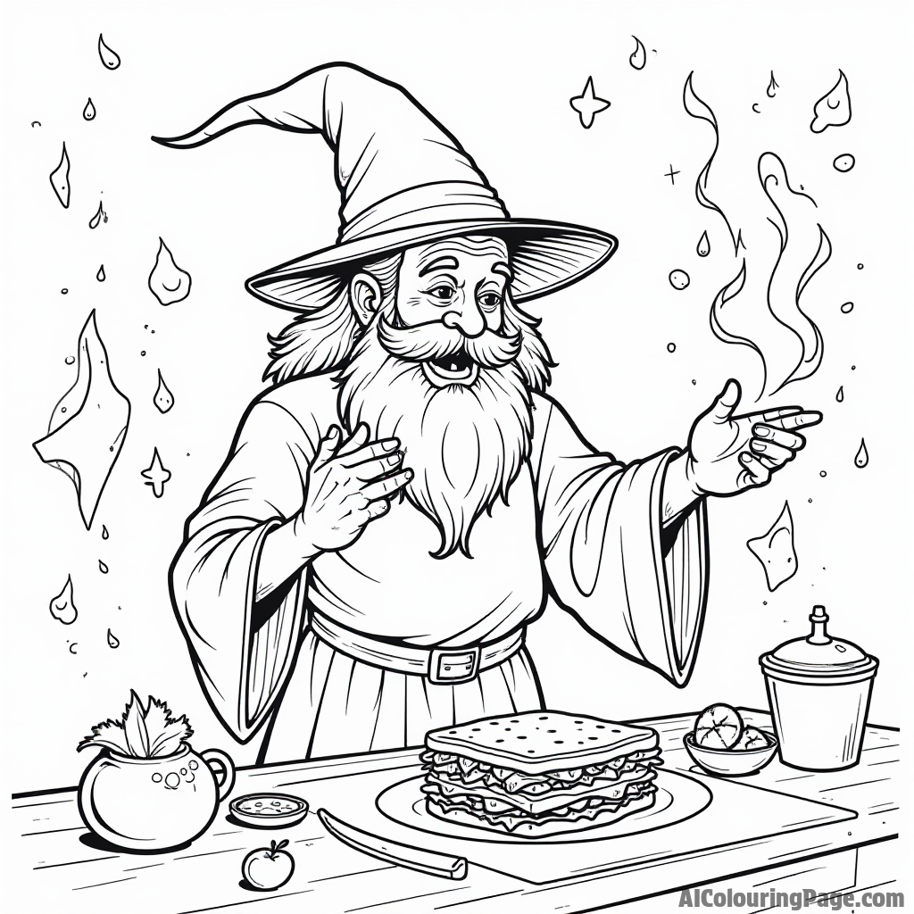 A sandwich wizard casting spells with ingredients floating around, creating magical sandwiches in a mystical kitchen.