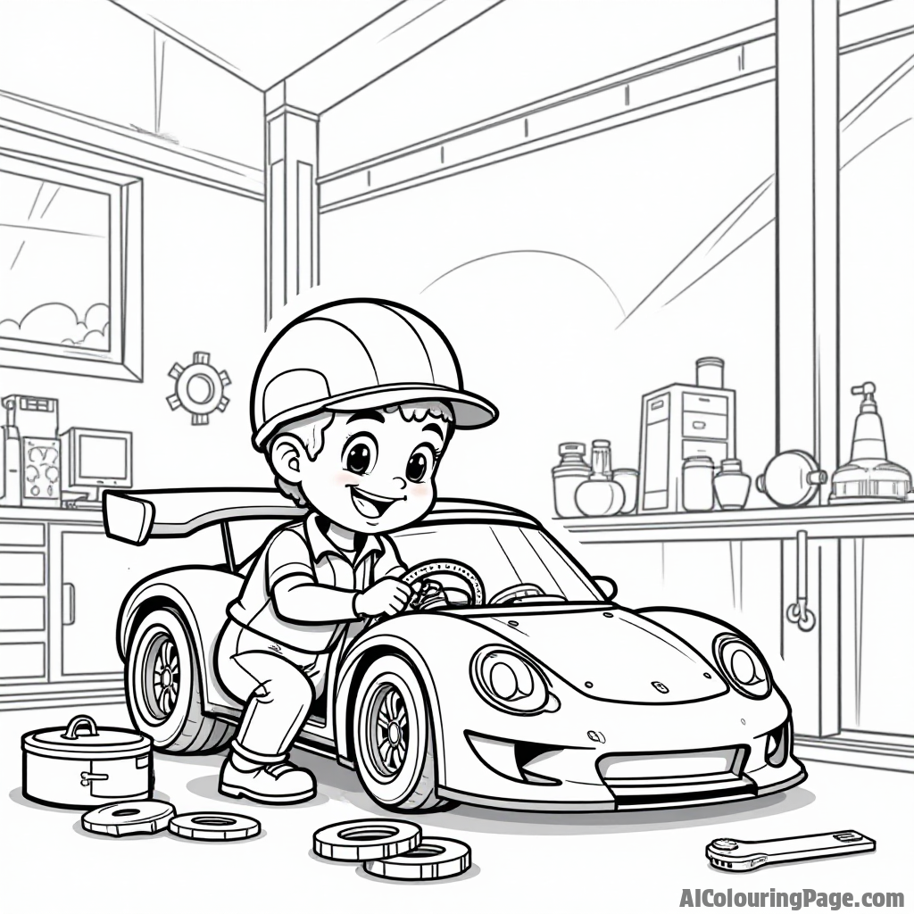 A cartoon mechanic working on a race car with tools and parts around, illustrating the behind-the-scenes of racing for kids to color and learn.