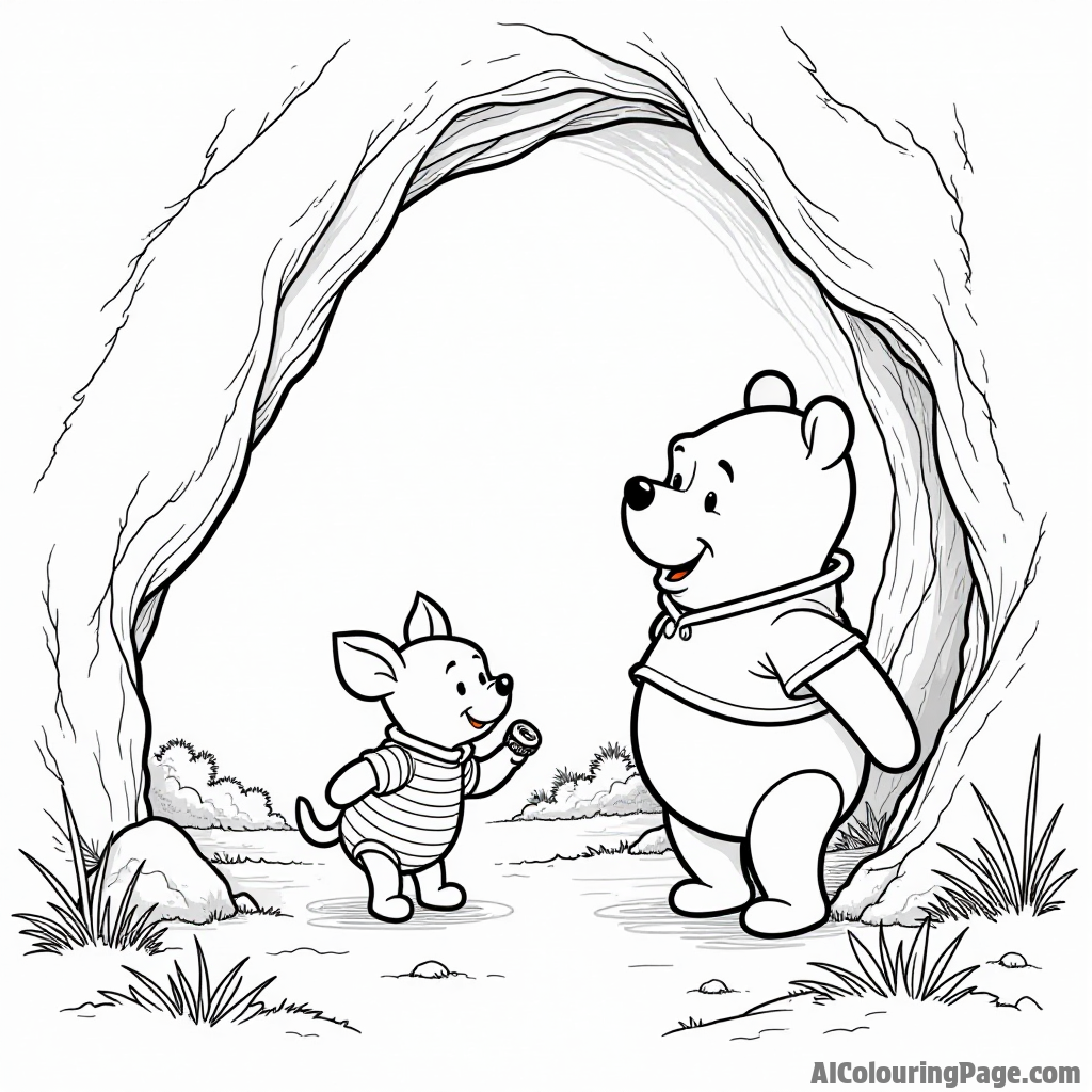 Winnie the Pooh exploring a cave, with Piglet holding a flashlight, and Tigger peeking inside with excitement.