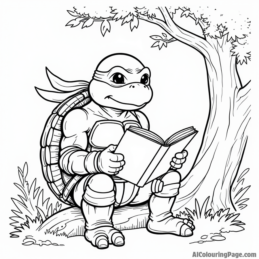 Ninja Turtle reading a book in a tree