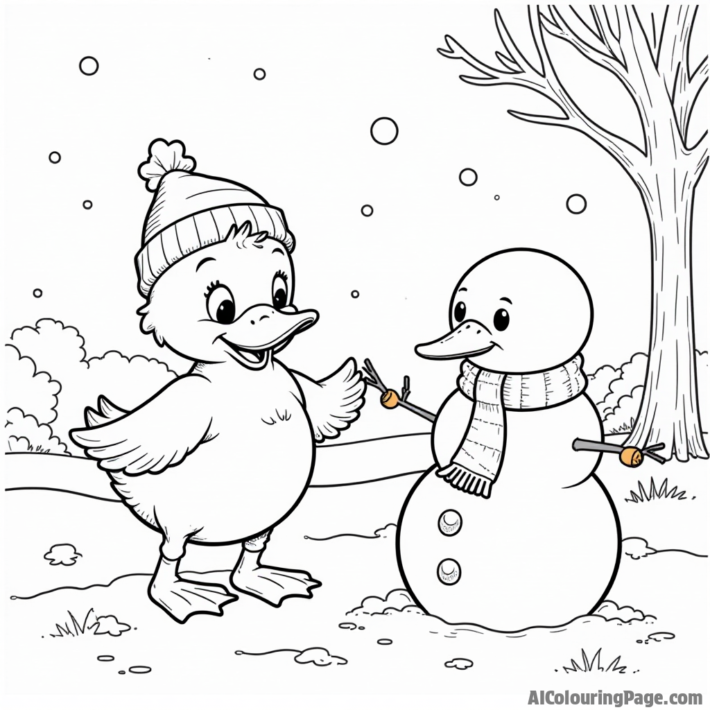 A duck playing in a winter wonderland, building a snowman with a scarf and carrot nose nearby.