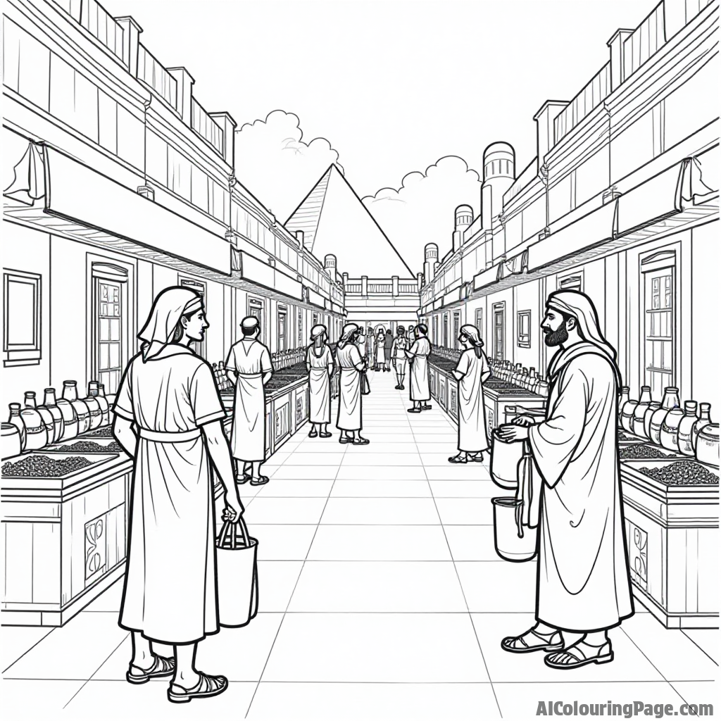 A scene depicting a bustling ancient Egyptian marketplace with merchants selling spices, fabrics, and pottery, allowing kids to color and learn about daily life in ancient Egyptian history.